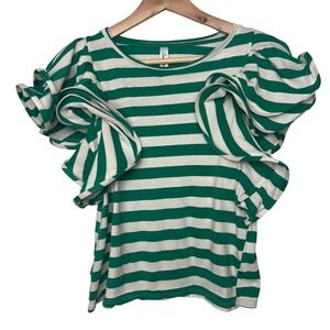 Souvenir Clubbing Green Striped Ruffle Sleeve Top Made in Italy Size Small